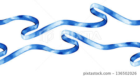 Hand-painted watercolor horizontal seamless border of flowing blue silk ribbons. This elegant design features smooth curves and soft gradients, perfect for delicate wedding stationery and romantic 136502026