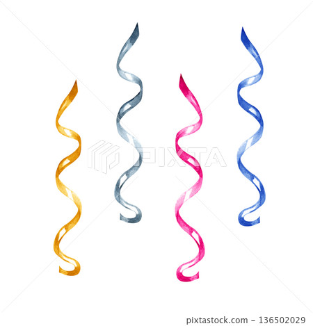 Hand painted watercolor illustration of curly spiral ribbons in gold, silver, pink, and blue. Festive decorative streamers for party invitations, birthday cards, and holiday celebration designs. Hand painted watercolor illustration of curly spiral ribbons in gold, silver, pink, and blue. Festive decorative streamers for party invitations, birthday cards, and holiday celebration designs. 136502029