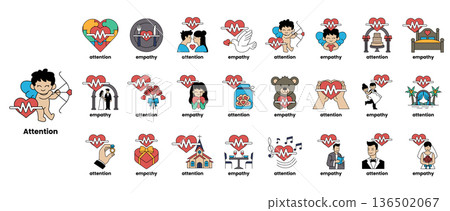 A collection of heart-shaped icons with words like empathy, sympathy 136502067