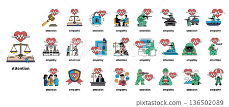 The icons include a soldier, a judge, a lawyer, a doctor, and a police officer The icons include a soldier, a judge, a lawyer, a doctor, and a police officer 136502089