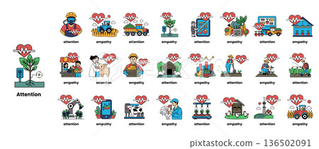 The image is a collection of heart-shaped icons that represent various concepts 136502091