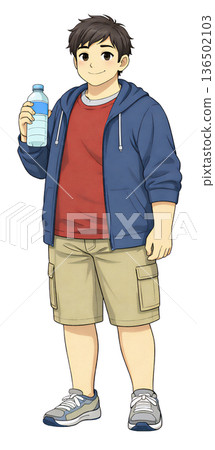 一幅年輕男子手持塑膠瓶裝水的全身插圖，他隨意地站著喝水，以預防夏季中暑。 136502103