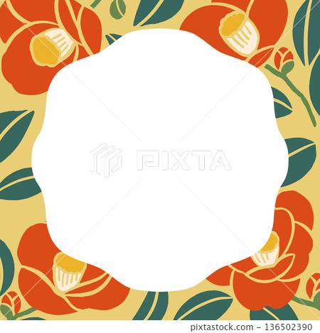 山茶花向量插圖邊框（無文字）| 日本印刷品和日式設計素材 136502390