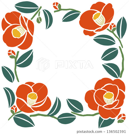 山茶花向量插圖邊框（無文字）| 日本印刷品和日式設計素材 136502391