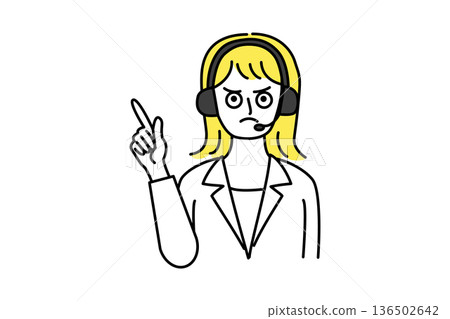 Upper body vector illustration of a teleoperated woman answering the phone at a call center_Point_Pointing_Angry face Upper body vector illustration of a teleoperated woman answering the phone at a call center_Point_Pointing_Angry face 136502642