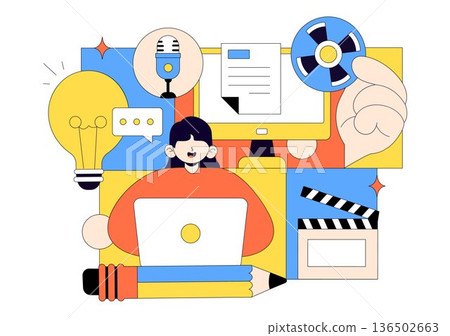 Screenwriter Vector Illustration Featuring a Professional Writer and Copywriter for Filmmaking, Cinematography, or Film Production Background 136502663