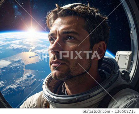 太空人在太空船中眺望地球（人工智慧生成圖像） 136502713