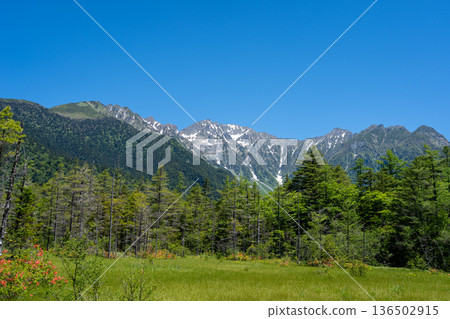 Mount Hotaka viewed from Kamikochi hiking trail in Japan Mount Hotaka viewed from Kamikochi hiking trail in Japan 136502915