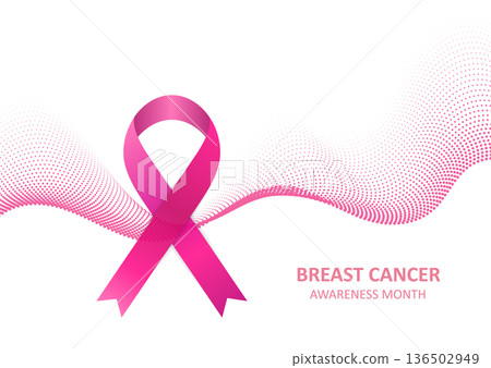 Breast cancer awareness month. Pink ribbon and dotted waves on light background 136502949