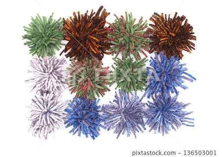 Products made of fulled wool in the form of chrysanthemum flowers on a white background Products made of fulled wool in the form of chrysanthemum flowers on a white background 136503001