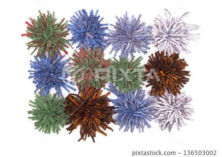 Products made of fulled wool in the form of chrysanthemum flowers on a white background Products made of fulled wool in the form of chrysanthemum flowers on a white background 136503002