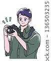 Illustration of a smiling man holding a camera 136503235