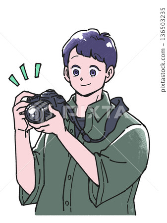 Illustration of a smiling man holding a camera 136503235