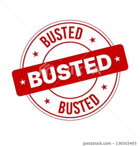 Busted round stamp icon with bold text, clean circular badge design for warning notices, status marks, documents, media content, and graphic layouts, isolated on transparent background. Vector 136503405