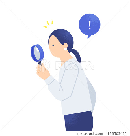 用放大鏡查看細節。向量圖，描繪了一位女性透過研究獲得見解的情景。 136503411