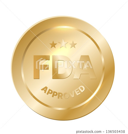 FDA approved gold round circle label and badge with stars, realistic golden medal coin style for product packaging, business branding, quality assurance, marketing materials, and promotional designs FDA approved gold round circle label and badge with stars, realistic golden medal coin style for product packaging, business branding, quality assurance, marketing materials, and promotional designs 136503438