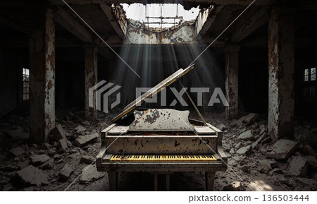 Piano abandoned building sunbeams illuminate a weathered white instrument amidst rubble inside a hauntingly beautiful derelict hall 136503444