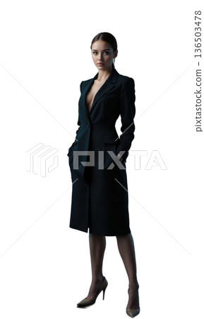 Businesswoman blazer portrait featuring elegant woman in tailored black dress standing on white background for professional corporate success concepts 136503478