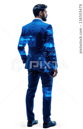 A determined male strategist in cobalt blue, his stance strong as digital charts of business growth and opportunity surround him 136503479