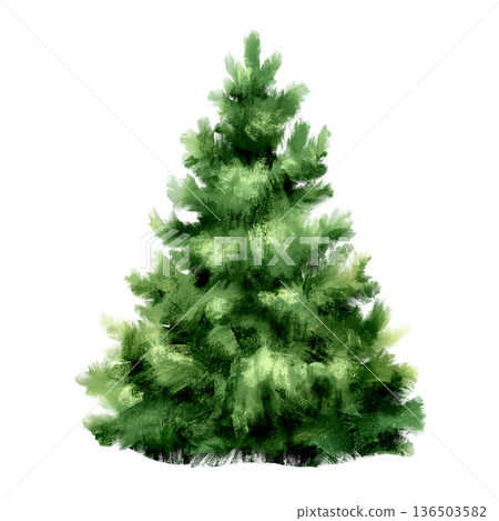 Hand drawn illustration of a lush green fir tree isolated on a white background. Festive evergreen spruce for Christmas greeting cards, winter holiday designs, and seasonal nature posters Hand drawn illustration of a lush green fir tree isolated on a white background. Festive evergreen spruce for Christmas greeting cards, winter holiday designs, and seasonal nature posters 136503582