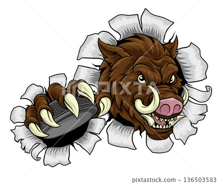 Boar Wild Hog Razorback Warthog Pig Hockey Mascot Boar Wild Hog Razorback Warthog Pig Hockey Mascot 136503583