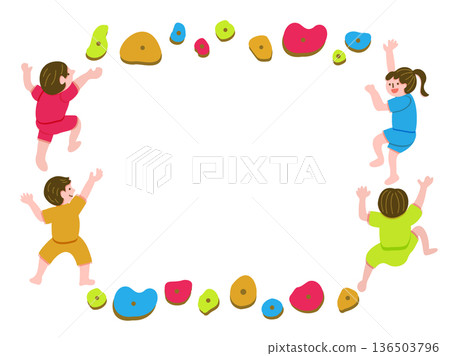 一幅裱好的插畫，描繪了孩子們享受抱石和攀岩的樂趣。 136503796