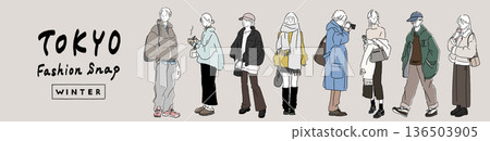Tokyo Winter Fashion Snap Illustration Set: Full-body outfit collection 136503905