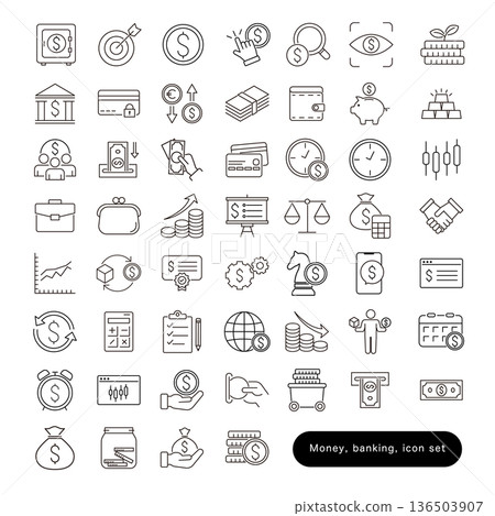 Money, banking, and exchange icon set: banknotes, coins, exchange, and remittance materials 136503907
