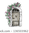 Hand-drawn watercolor illustration of flowers and wooden door in Provence, South of France (transparent PNG) 136503962