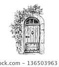 Southern France, Provence-style floral door line drawing illustration (transparent PNG) 136503963