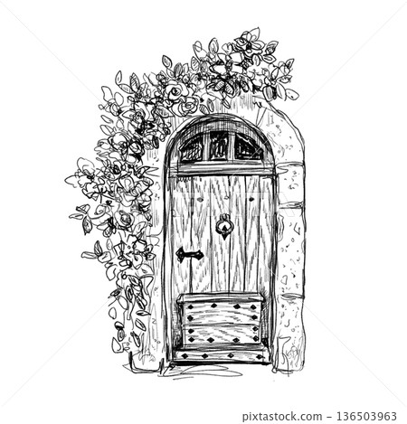 Southern France, Provence-style floral door line drawing illustration (transparent PNG) Southern France, Provence-style floral door line drawing illustration (transparent PNG) 136503963