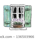 Hand-drawn watercolor illustration of a window in southern France and lavender (transparent PNG) 136503966
