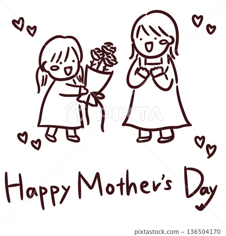 一幅簡單的線條畫，描繪了一個女孩在母親節送給媽媽一束鮮花。 136504170