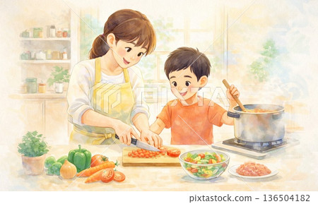 描繪父母和孩子在廚房裡享受烹飪樂趣的插圖 描繪父母和孩子在廚房裡享受烹飪樂趣的插圖 136504182