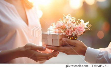 Woman receiving a bouquet and a gift 136504240