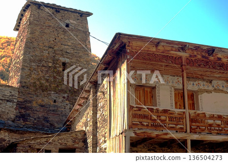 The small mountain village of Ushguli is located at the foot of Mount Shkhara. Caucasus Mountains. Georgia. Svaneti. 136504273