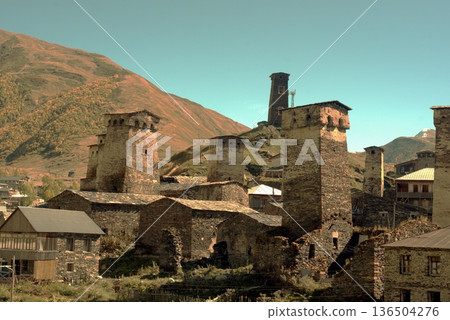 The small mountain village of Ushguli is located at the foot of Mount Shkhara. Caucasus Mountains. Georgia. Svaneti. 136504276