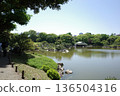Scenery of the pond and gazebo in a Japanese garden 136504316