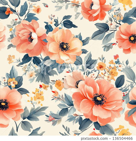 a delicate floral pattern filled with soft pastels, with large peony buds and flowing lines 136504466