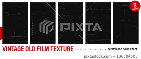 Film overlay collection. Dirty scratched paper texture. Distressed retro background for old cinema or photo effect. Vintage grunge bg. 136504503