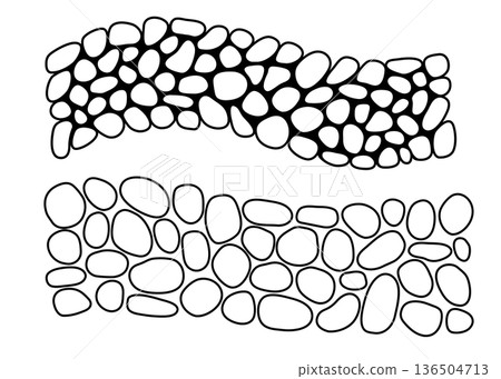 Cobblestone garden roads set, irregular stone outline texture. Vector sidewalk, gravel path isolated on white Cobblestone garden roads set, irregular stone outline texture. Vector sidewalk, gravel path isolated on white 136504713