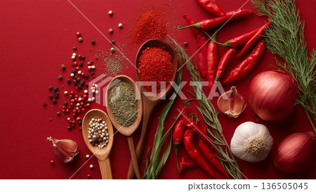 Colorful array of spices, herbs, and vegetables on a vibrant red background 136505045