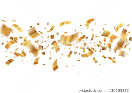 Golden confetti explosion with flying ribbons and glitter particles. Festive birthday celebration background with sparkling yellow paper elements and decorative streamers isolated on white background. Golden confetti explosion with flying ribbons and glitter particles. Festive birthday celebration background with sparkling yellow paper elements and decorative streamers isolated on white background. 136505272