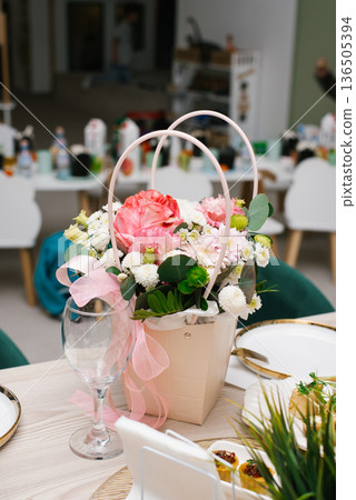 Bouquet Pink Flowers Gift Box Festive Table Bouquet Pink Flowers Gift Box Festive Table 136505394