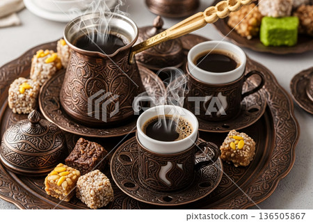 Eastern Coffee Ottoman Along Tray Eid Hospitality and Festive Sweets 136505867