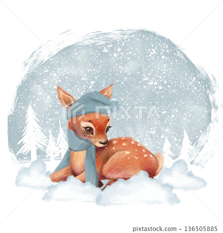 Hand drawn illustration of a little fawn wearing a blue knitted hat and scarf on snowy forest background. Winter forest landscape with copy space for Christmas greeting cards, seasonal posters, and 136505885