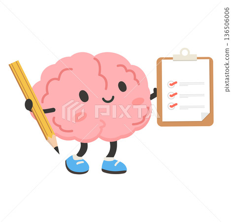 Cute Brain Character Holding Checklist and Pencil 136506006