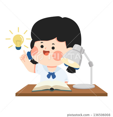 Girl With Idea Studying at Desk Girl With Idea Studying at Desk 136506008