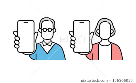 Senior couple presenting a smartphone screen Senior couple presenting a smartphone screen 136506033