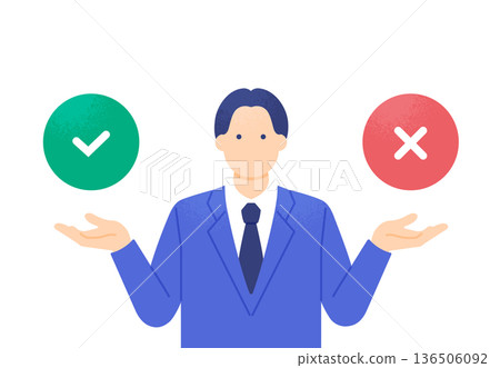 A businessman comparing the pros and cons. Vector illustration of a man holding up an OK and NG sign. A businessman comparing the pros and cons. Vector illustration of a man holding up an OK and NG sign. 136506092
